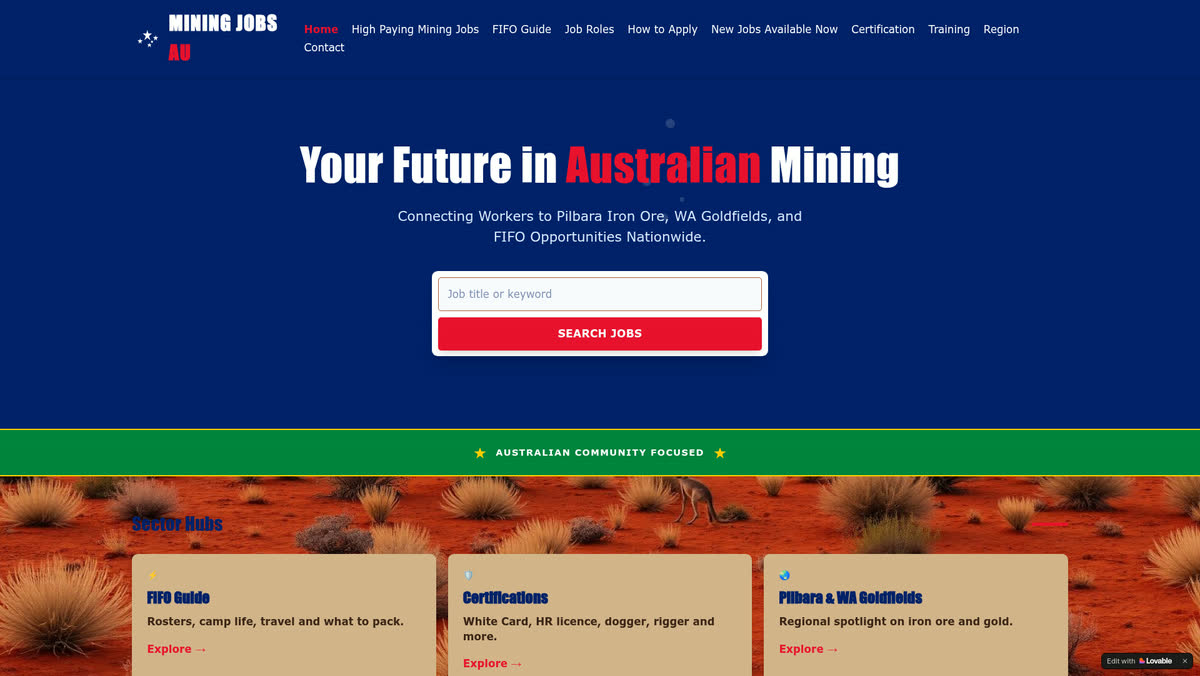 Home page screenshot of www.australian-mining-jobs.com, the FIFO mining careers guide designed and built by Creative Web Design and Development