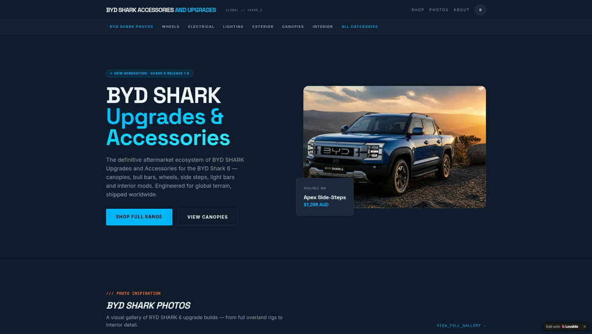 Home page screenshot of www.bydsharkaccessories.com, the BYD Shark 6 accessories directory designed and built by Creative Web Design and Development