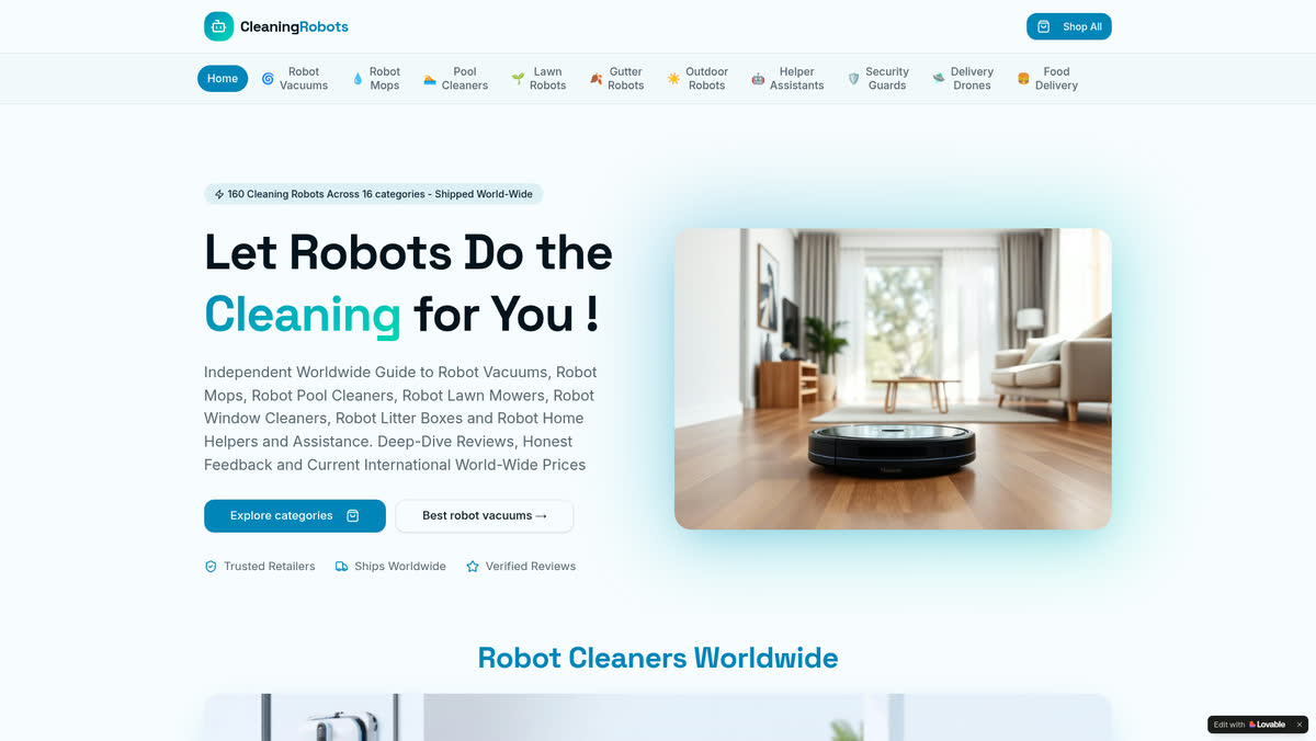 Home page screenshot of www.cleaningrobots.online, the robot cleaner review directory designed and built by Creative Web Design and Development