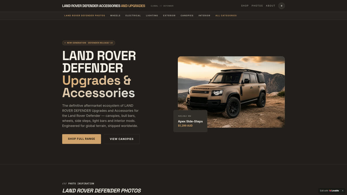 Home page screenshot of www.defender-accessories.com, the Land Rover Defender accessories showcase designed and built by Creative Web Design and Development