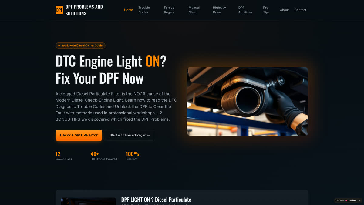 Home page screenshot of www.dpf-problems-solutions.com, the diesel particulate filter troubleshooting hub designed and built by Creative Web Design and Development