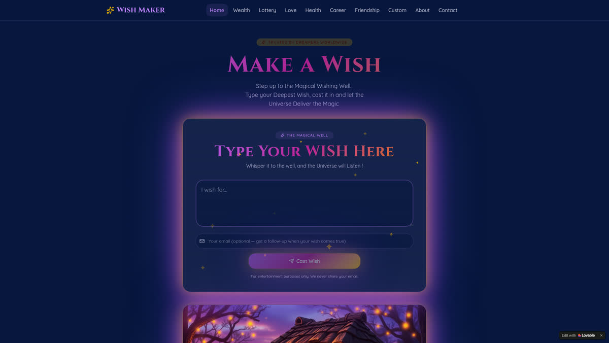 Home page screenshot of www.make-your-wish.now, the interactive online wishing well designed and built by Creative Web Design and Development