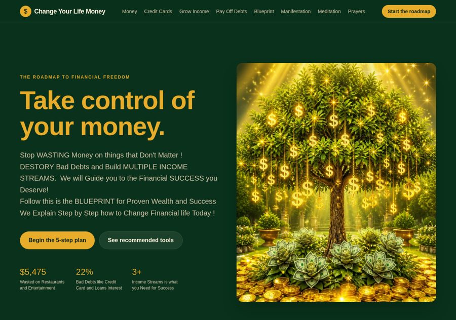 Screen section 1 of the www.changeyourlife.money personal finance and debt-free money site designed and built by Creative Web Design and Development
