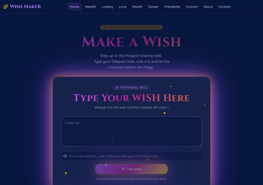 Screen section 1 of the www.make-your-wish.now online wishing and manifestation site designed and built by Creative Web Design and Development